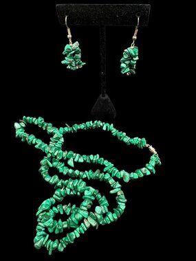 Vintage Genuine Malachite Chips Necklace and Pierced Earrings Set 30 inches